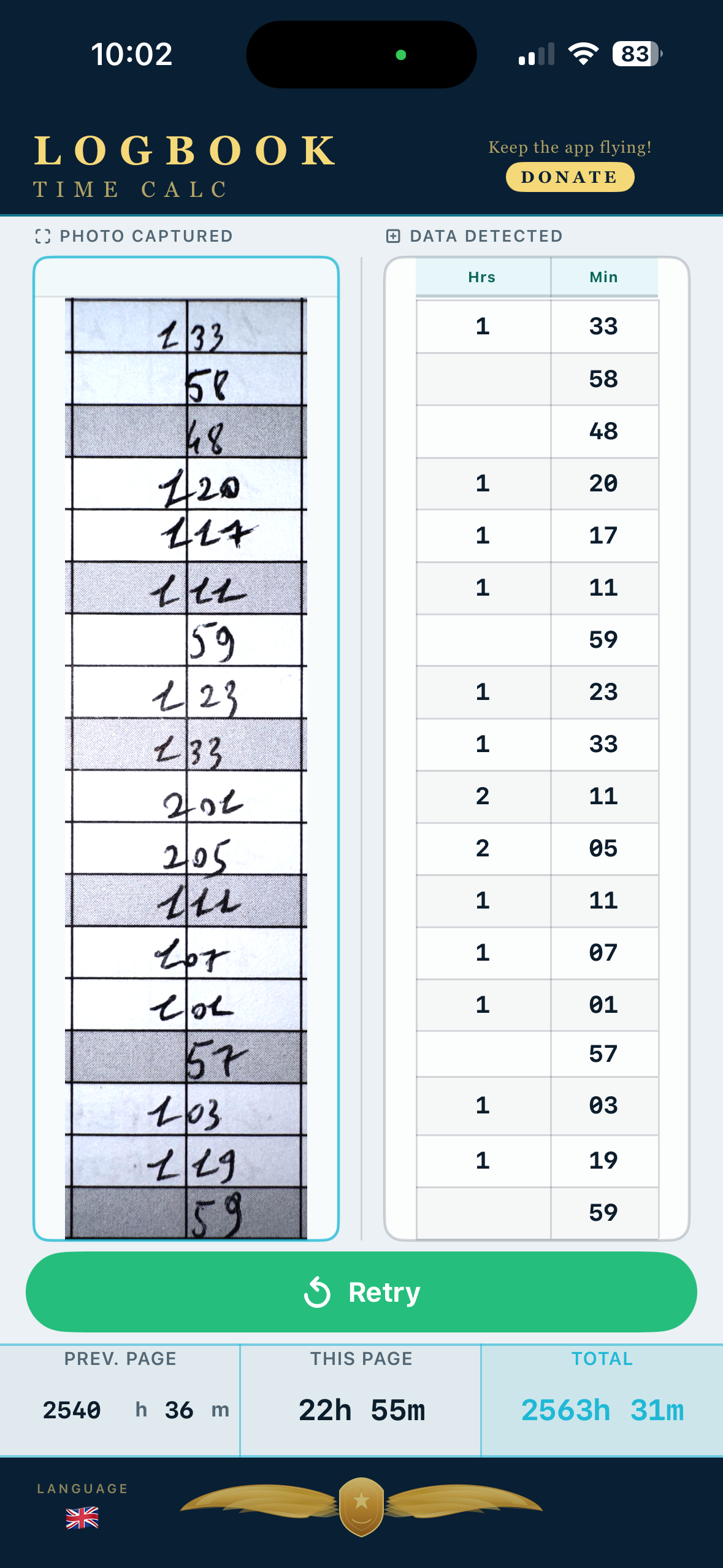 Detected hours and minutes in Logbook Time Calc